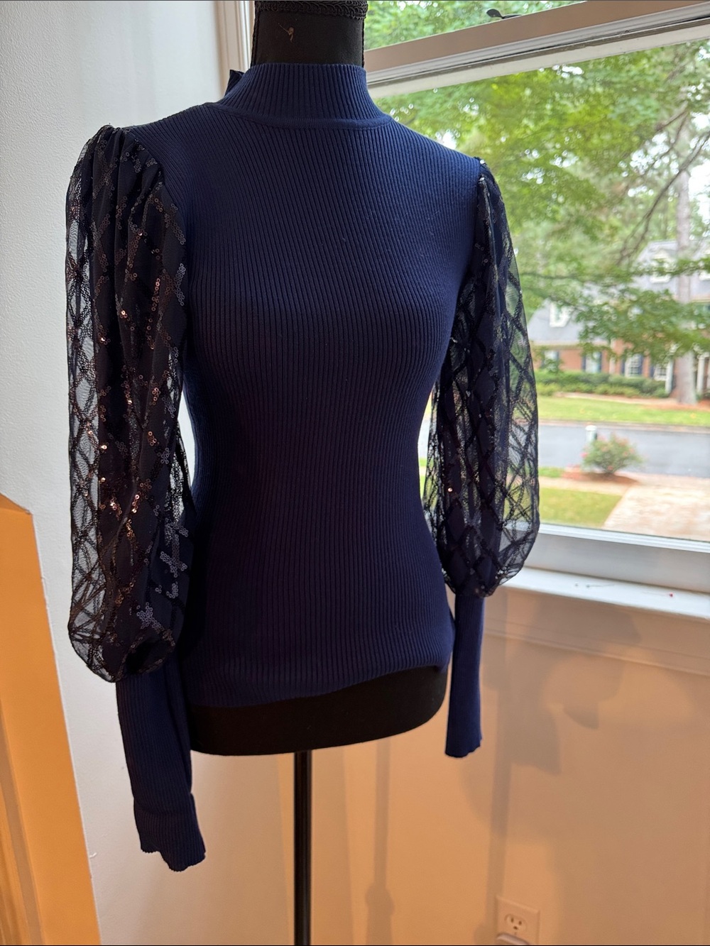 Cato Royal Navy Blue Ribbed Knit Top with Sheer Puff Sleeves